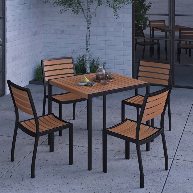 Merrick Lane 5 Piece Patio Table And Chairs Set Faux Teak Wood And Metal Indoor outdoor Table And Chairs With All weather Purpose