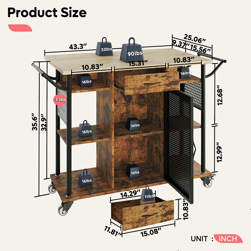 Bestier Rolling Kitchen Utility Cart with Collapsible Surface Extender， Brown