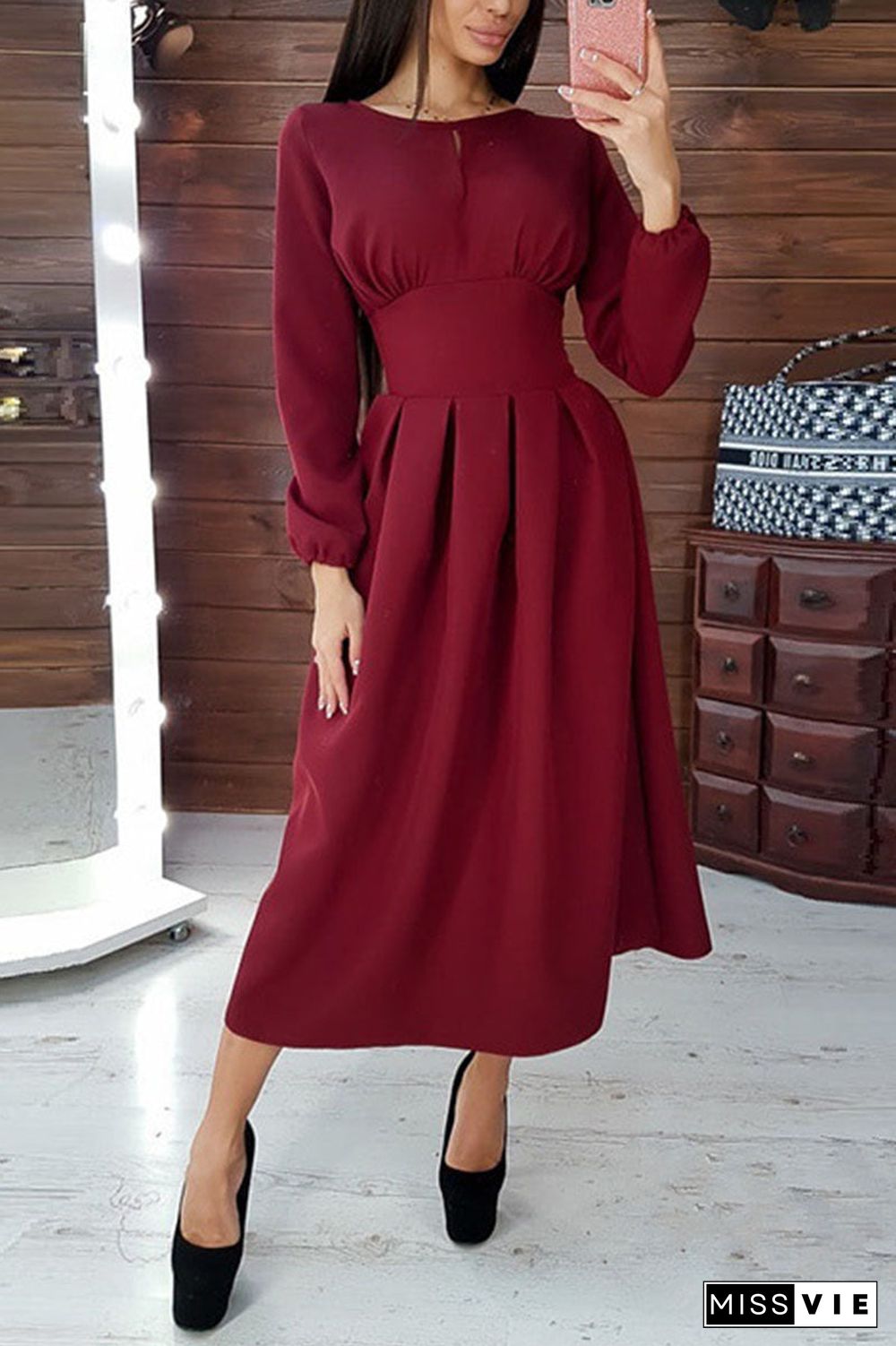 Elegant Solid Patchwork O Neck Waist Skirt Dresses(4 Colors)