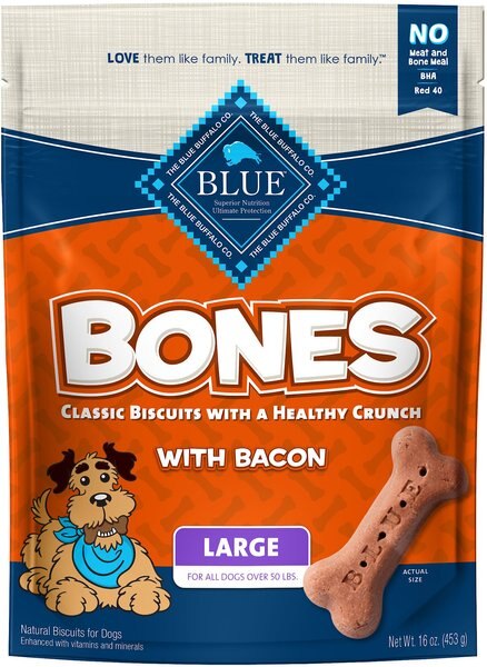 Blue Buffalo Bones Classic Biscuits Bacon Large Dog Treats， 16-oz bag