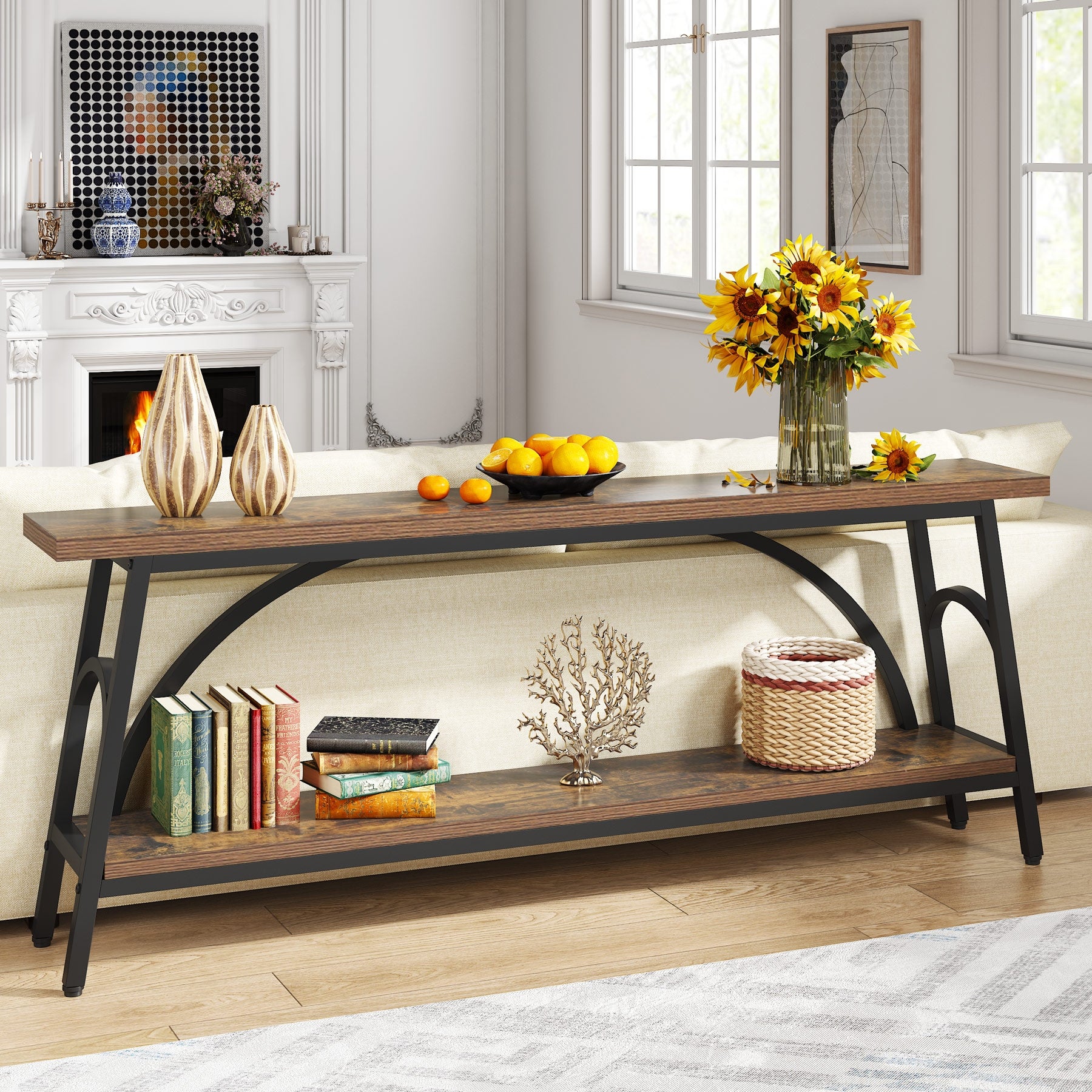 70.8” Extra Long Console Table， Narrow Sofa Tables Entryway Table for with 2 Tier Storage Shelves