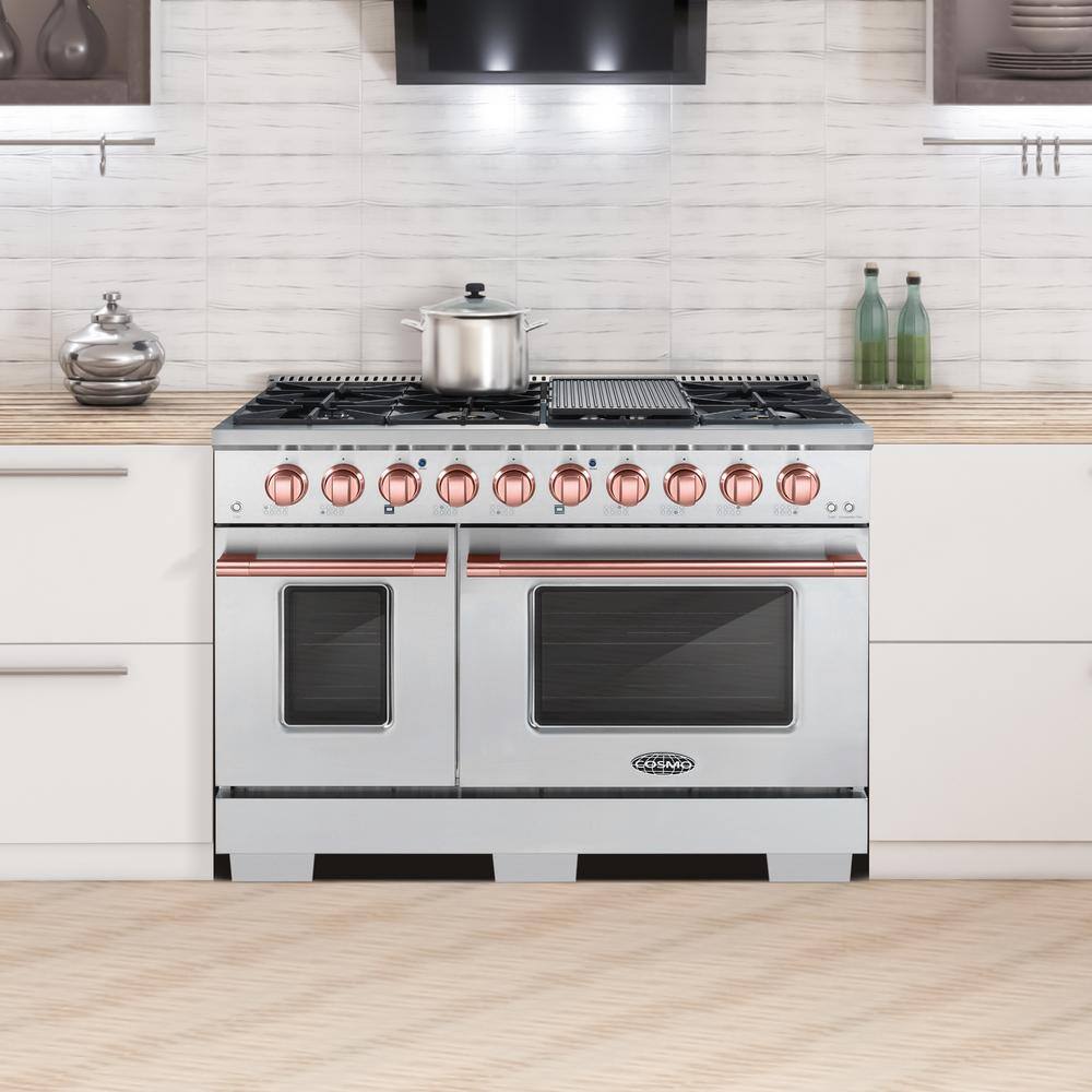 Cosmo 48 in. 5.5 cu. ft. Gas Range with 8 Burners and in Stainless Steel with Rose Gold Custom Handle and Knob Kit COS-2PKG-176