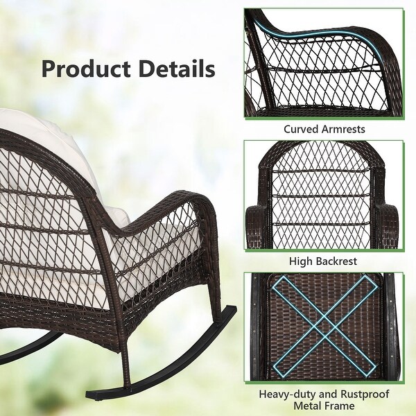 Costway Patio Wicker Rocking Chair W/Seat Back Cushions and Lumbar