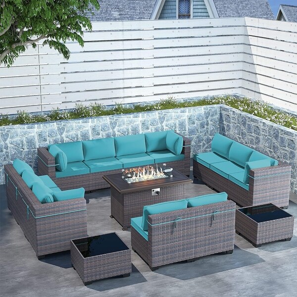 Outdoor Sectional Conversation Sofa Set with Firepit Coffee Table Cushions