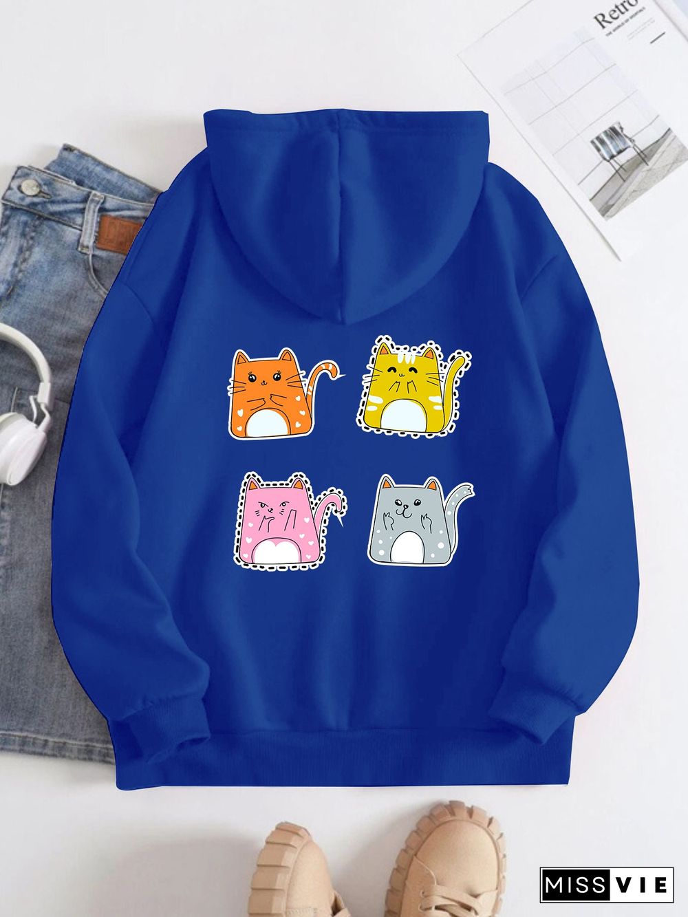 Printed on the Back Kangaroo Pocket Hoodie Long Sleeve for Women Pattern  Cartoon Cats