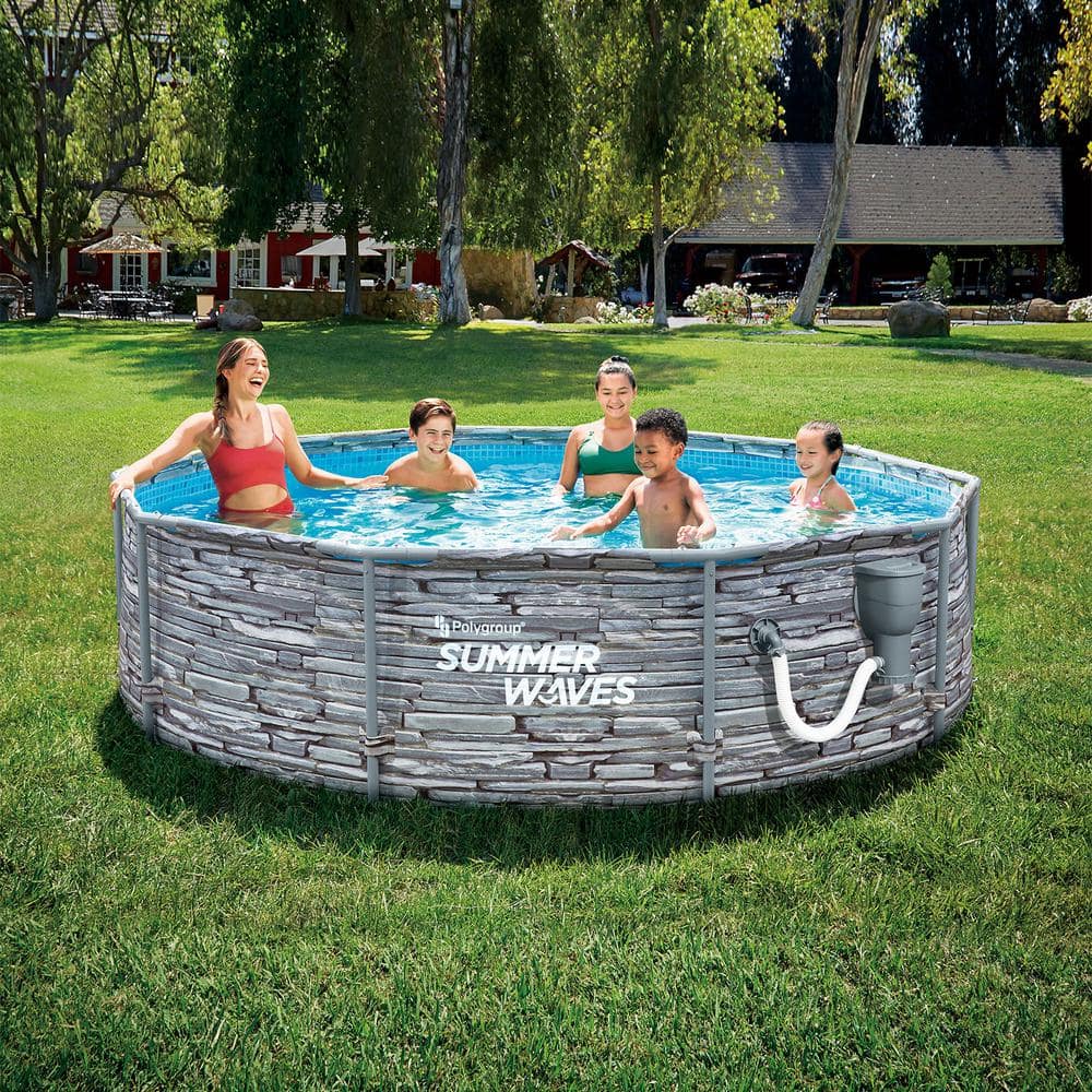 Summer Waves Active 12 ft. Round Stone Slate Print Metal Frame Above Ground Pool Set P2W01233A