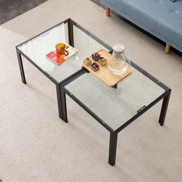 Coffee Table Set of 2，Square with Tempered Glass Finish