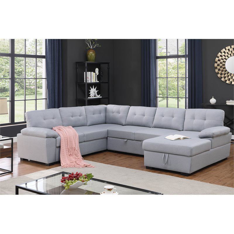 Alexent 5-Seat Modern Fabric Sleeper Sectional Sofa with Storage in Ash