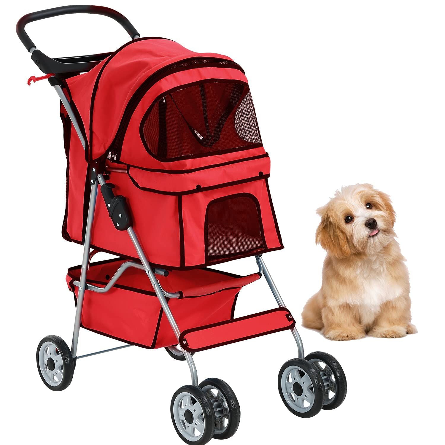 YRLLENSDAN Pet Gear Dog Stroller Small Dogs， Folding Cat Stroller with Cup Holders 4 Wheel Pet Strollers for Small Dogs Puppy Stroller Travel Carrier Dog Stroller for Medium Dogs， Red