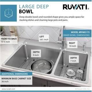 Ruvati 33 in. Double Bowl Drop-in 16-Gauge Stainless Steel Kitchen Sink 7030 RVM5173