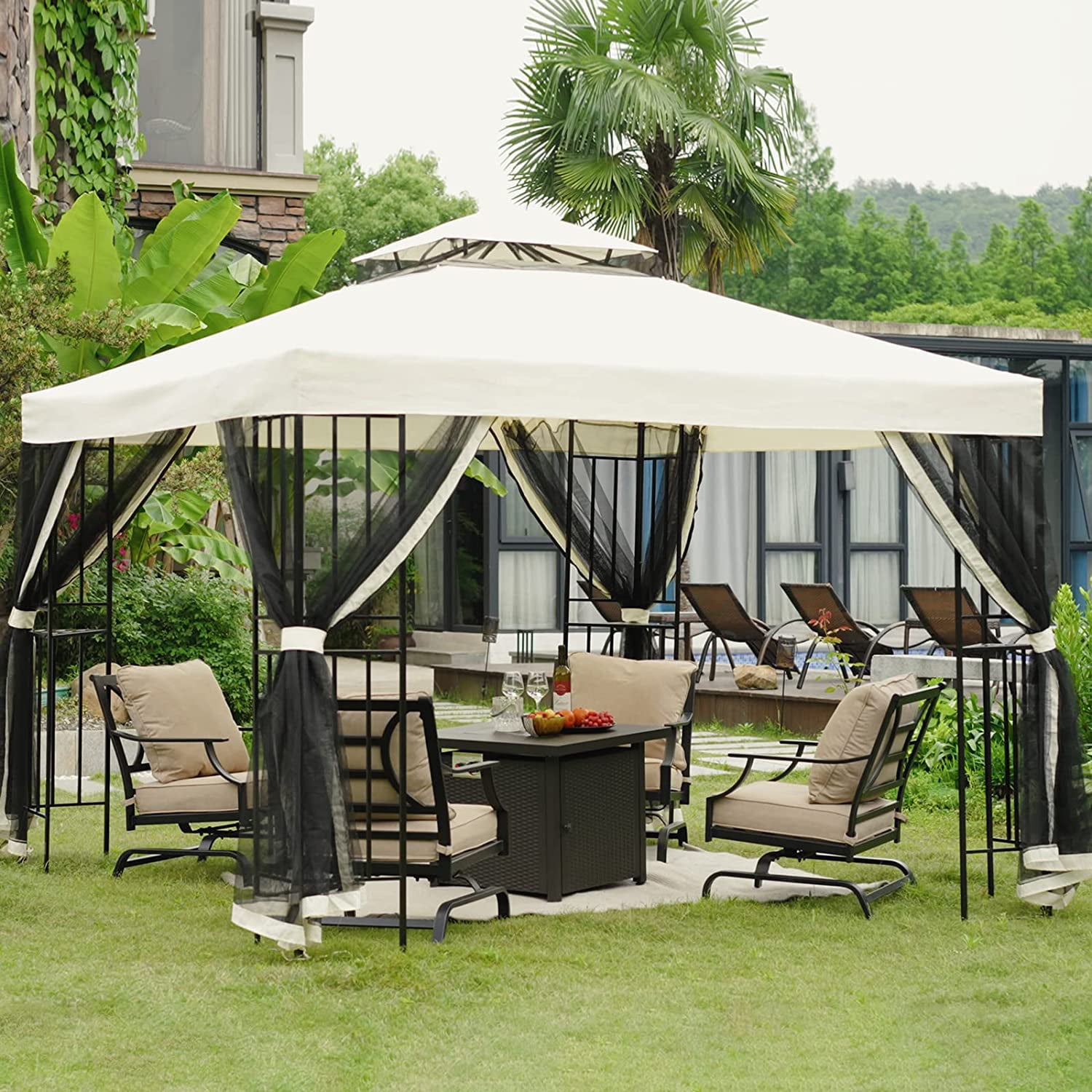 10x10 Ft Patio Gazebo with Mesh Netting Outdoor Canopy for Backyard, Garden, Pool-Side, Beige