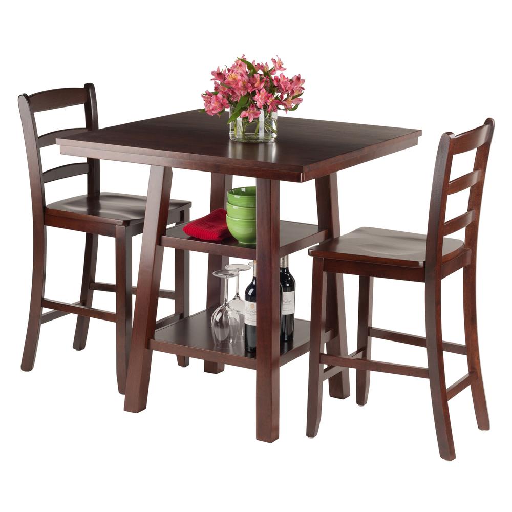 Winsome Wood Orlando 3-Pc Set， High Table with 2 Shelves and 2 Ladder Back Stools， Walnut Finish