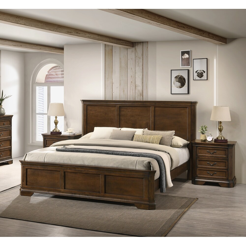 Roundhill Furniture Maderne 3 Piece Wood Bedroom Set  Panel Bed and Two Nightstands  Antique Walnut Finish