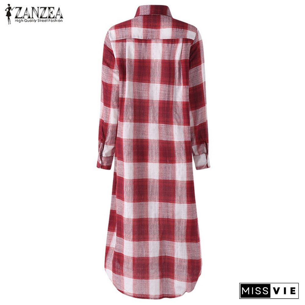 Zanzea Women Full Sleeve Lapel Collar Plaid Printed Straight Check Dress Casual Loose Dresses