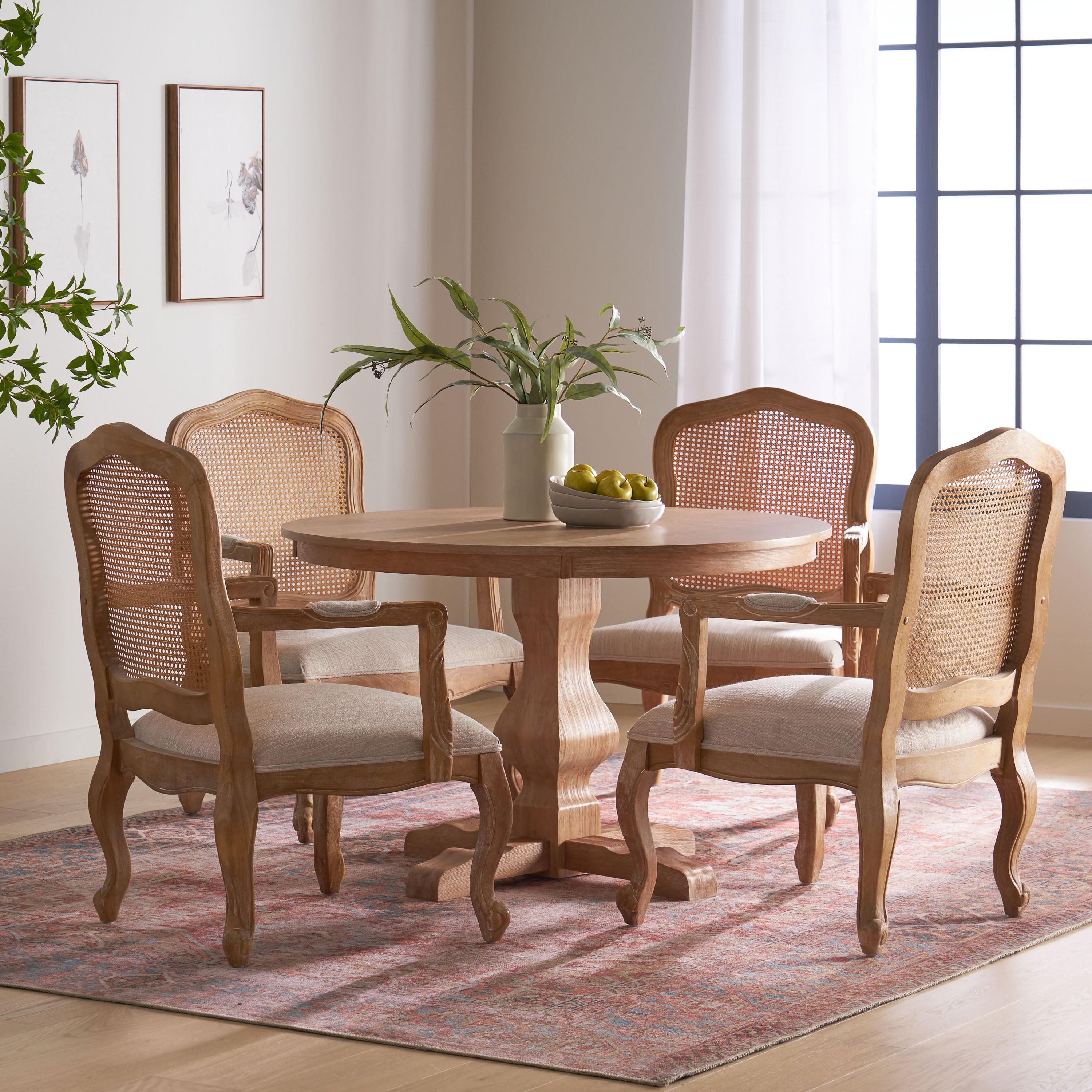 Absaroka French Country Fabric Upholstered Wood and Cane 5 Piece Circular Dining Set