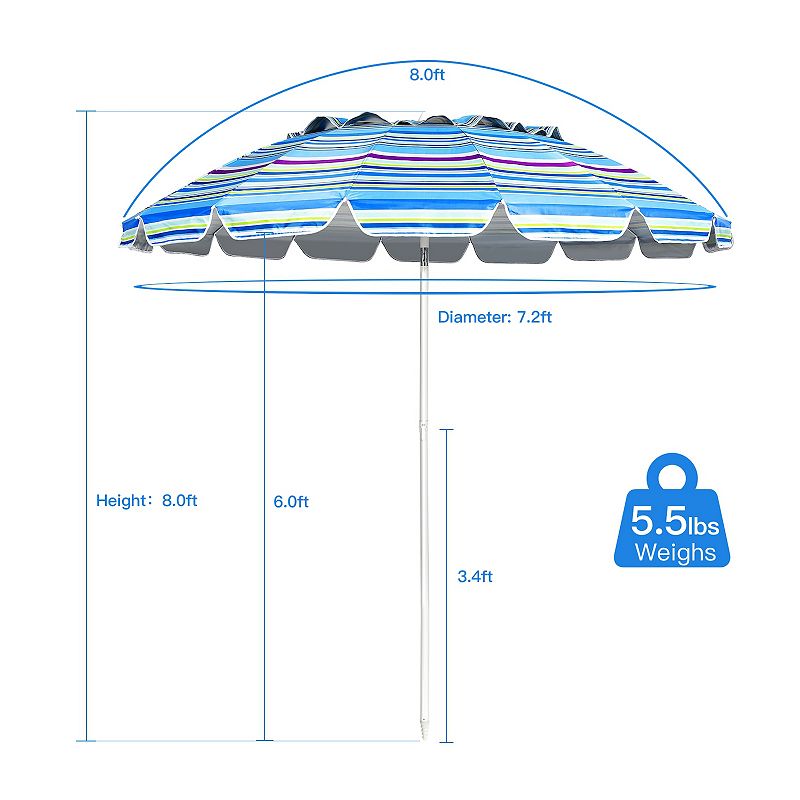 8 Feet Portable Beach Umbrella with Sand Anchor and Tilt Mechanism for Garden and Patio