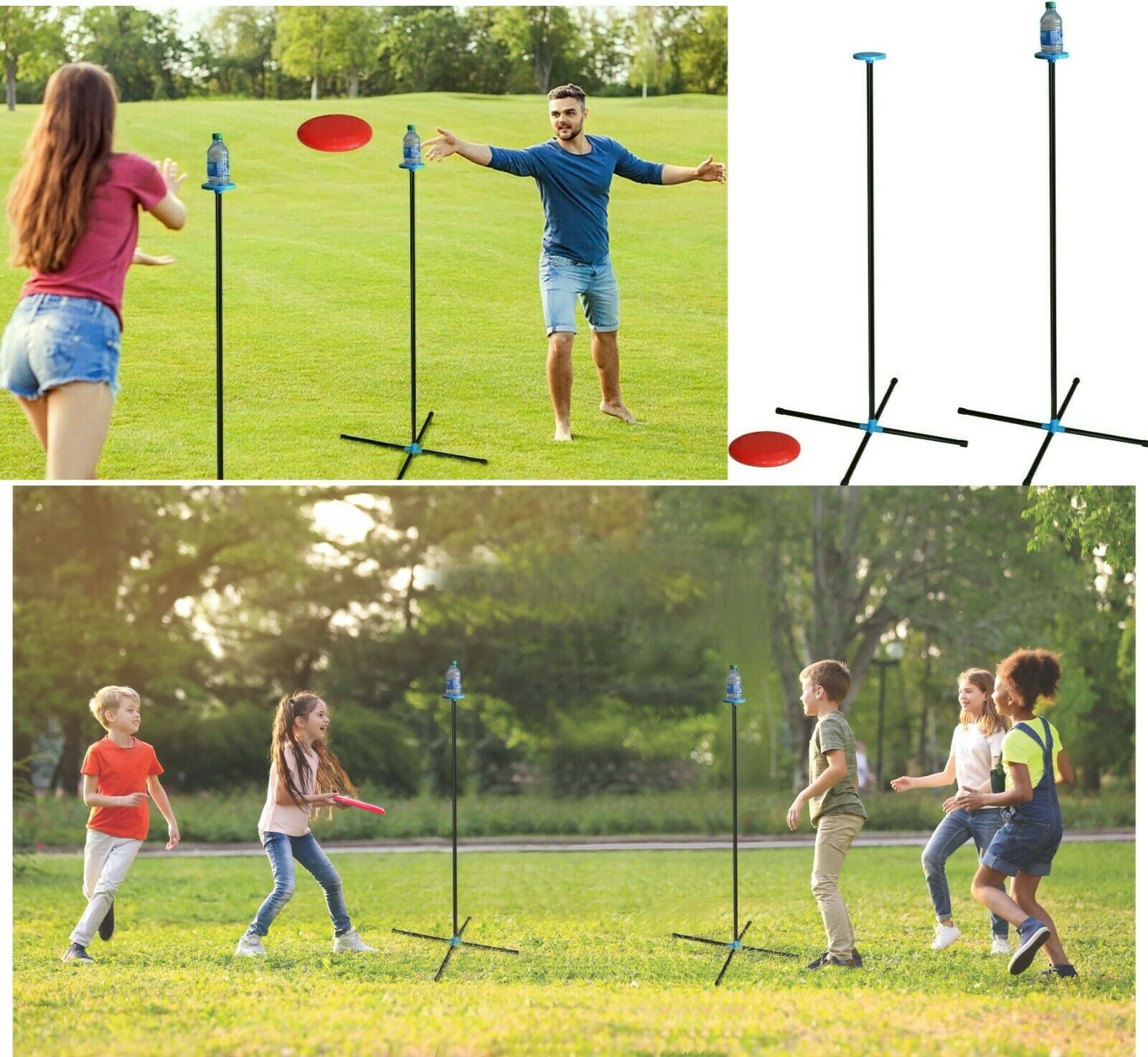 Toss Game Set - Flying Disc Bottle Drop Yard Game- Frisbee Target Backyard Game with Poles & Bottles for Adult, Kids and Family