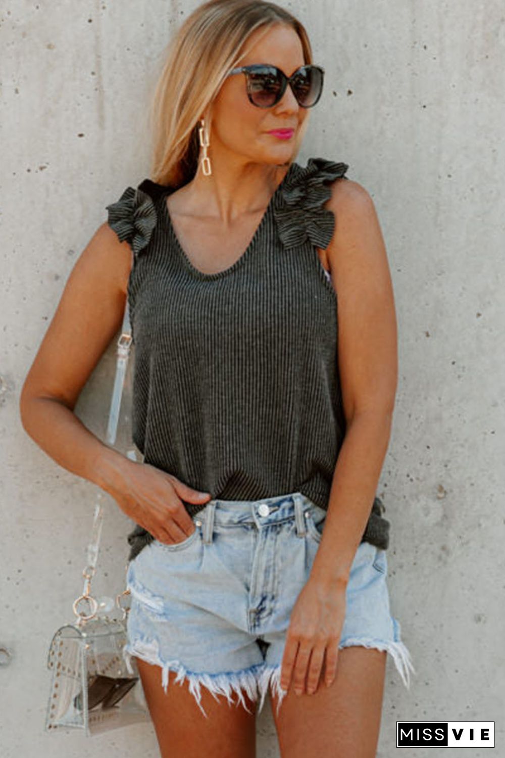 Gray Ruched Shoulders Ribbed Knit Tank Top