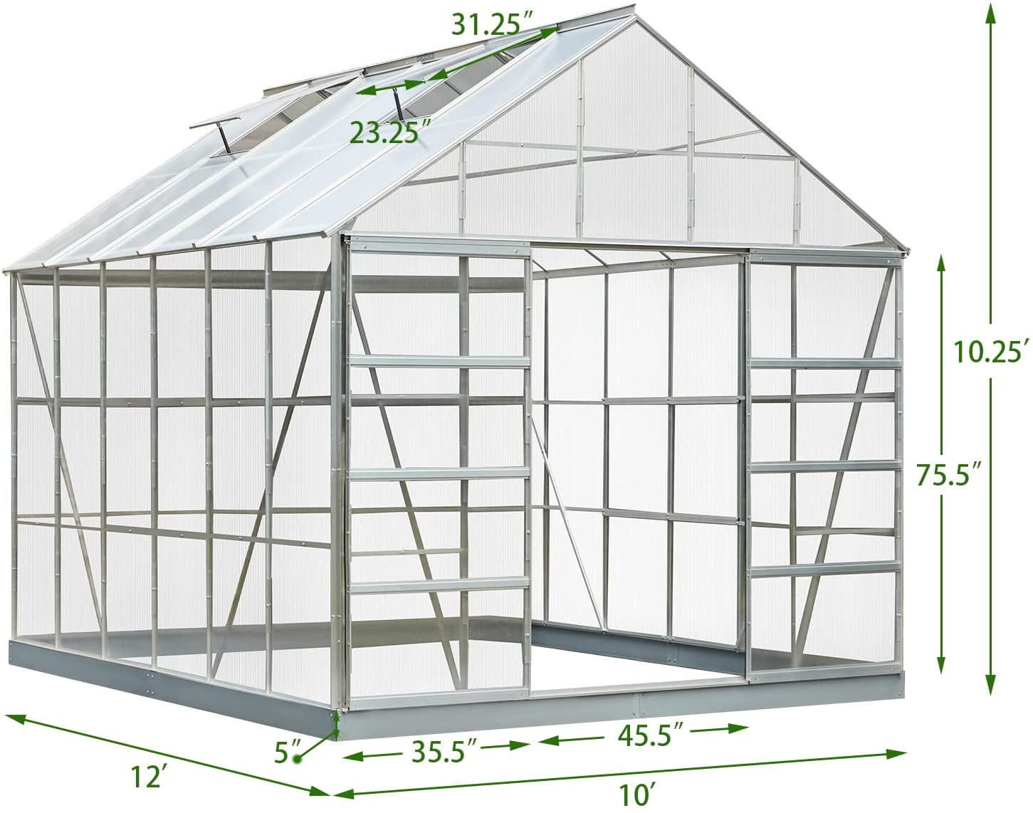 Erommy 10' x 12' x 10.3' Outdoor Walk-in Hobby Polycarbonate Aluminum Greenhouse