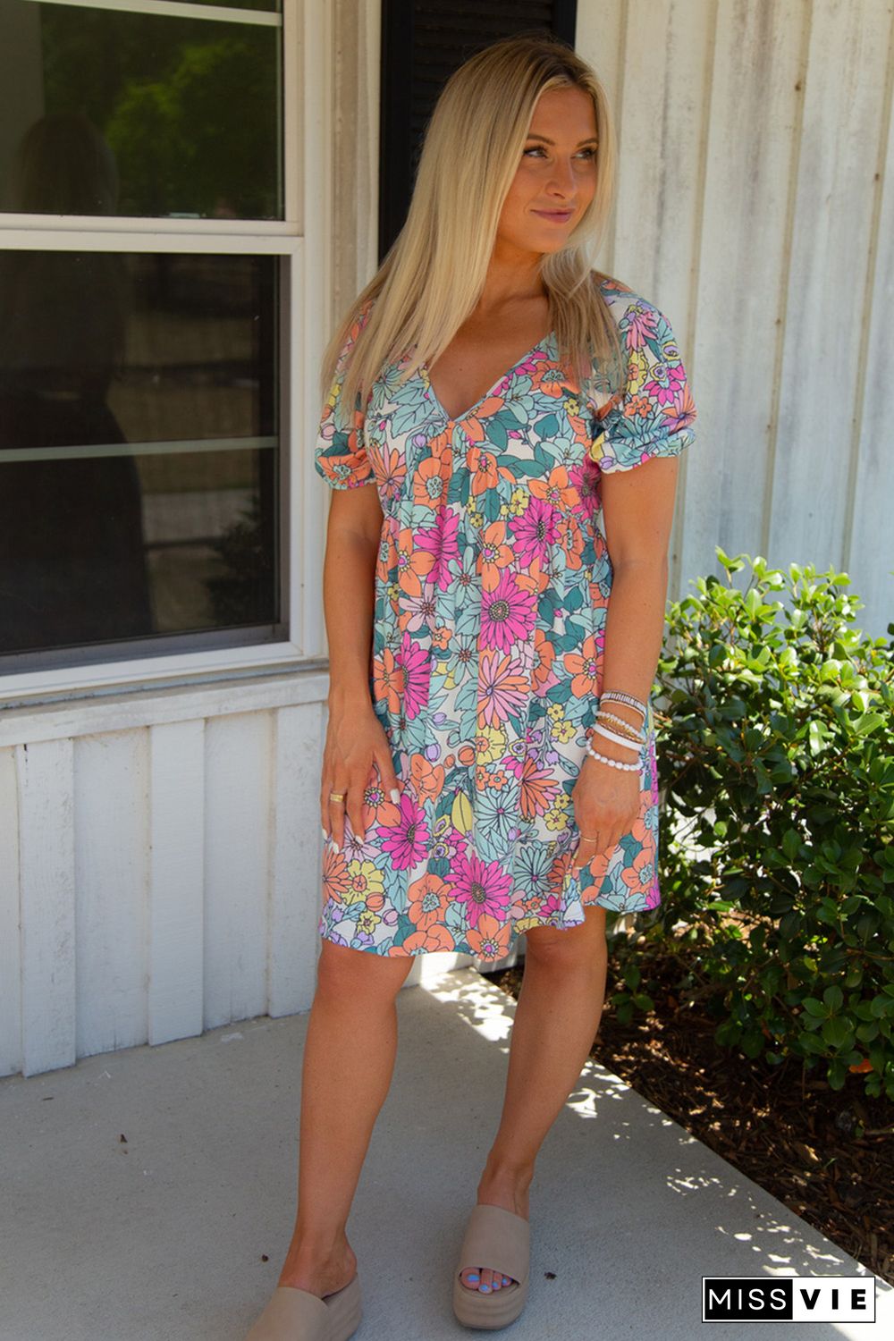 Multicolor Floral Print Tie Back Short Sleeve Dress