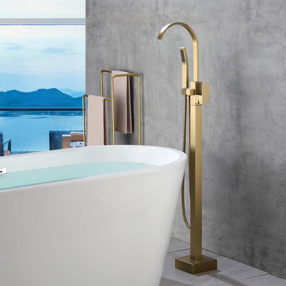 Miscool Upo 1-Handle Freestanding Floor Mount Roman Tub Faucet Bathtub Filler with Hand Shower in Brushed Gold SHNKHD10E861GL