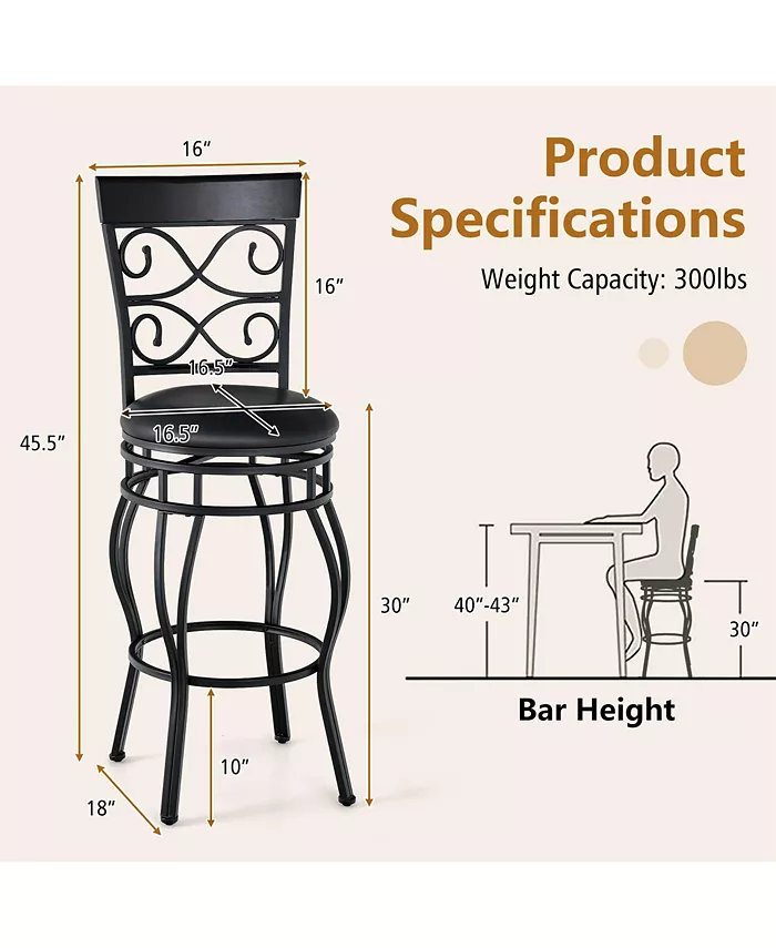 Costway Set of 2 Vintage Swivel Bar Stools 30'' Bistro Upholstered Dining Chairs