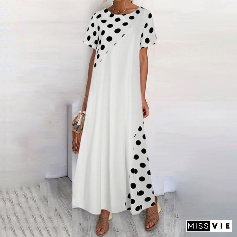 Summer Women Polka Dot Maxi Dress Robe Short Sleeve Round Neck Patchwork Party Casual Loose Long Dress Plus Size Tunic