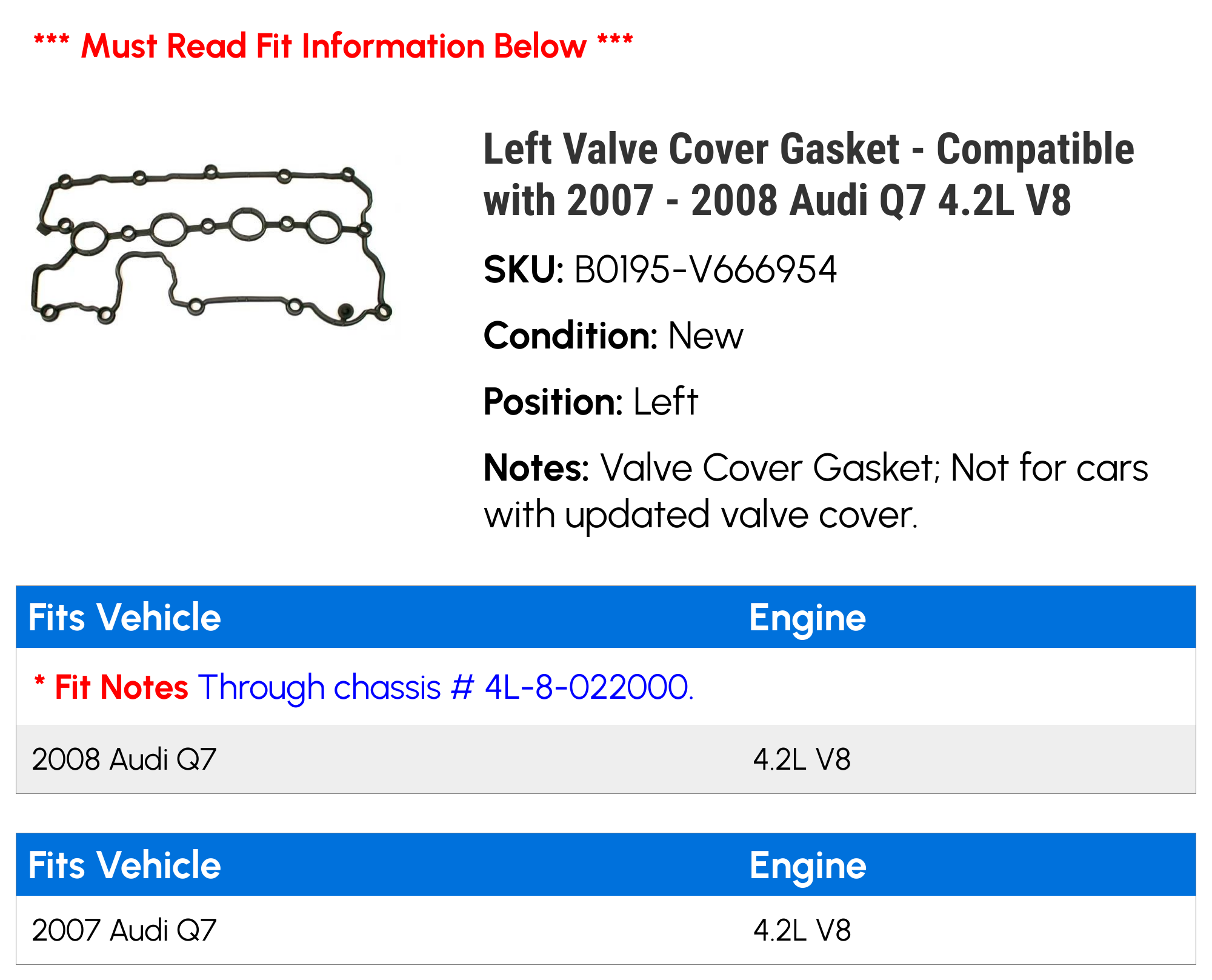 Left Valve Cover Gasket - Compatible with 2007 - 2008 Audi Q7 4.2L V8