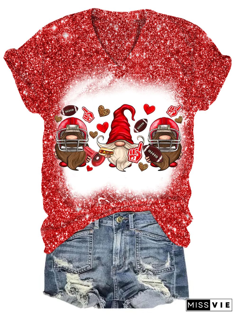 Football Gnome Glitter V Neck T-shirt