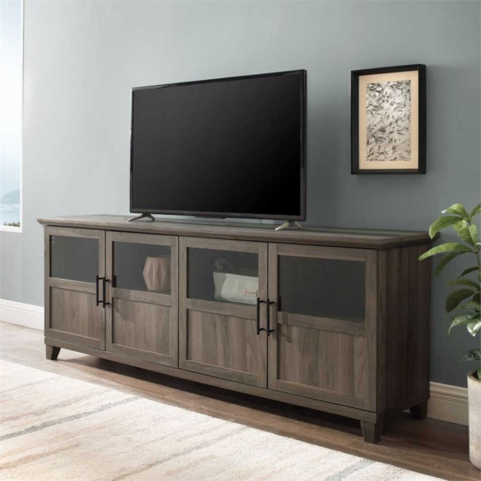 Pemberly Row 70 quotTV Console with Glass and Wood 4 Panel Doors in Dark Walnut   Transitional   Entertainment Centers And Tv Stands   by Homesquare  Houzz