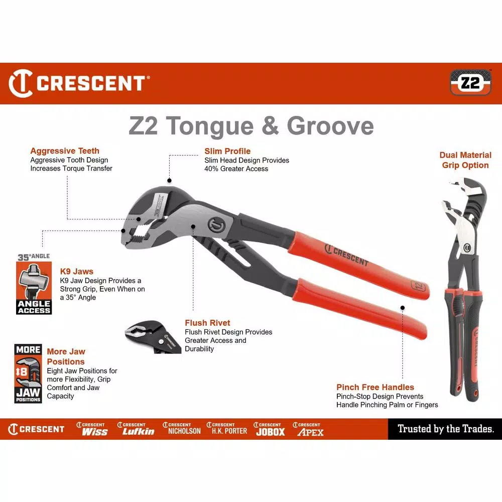 Crescent 16-1/2 in. Z2 K9 Straight Jaw Dipped Handle Tongue and Groove Pliers and#8211; XDC Depot