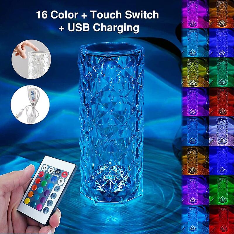 16 Colors Usb Rechargeable Led Crystal Light Room Decor Touch Bedside Lamp