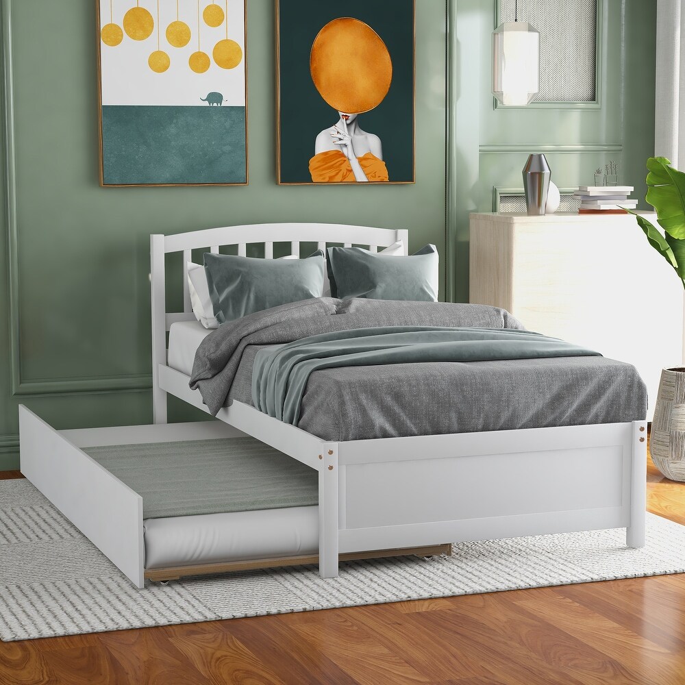 Nestfair Twin Size Platform Bed Wood Bed Frame with Trundle