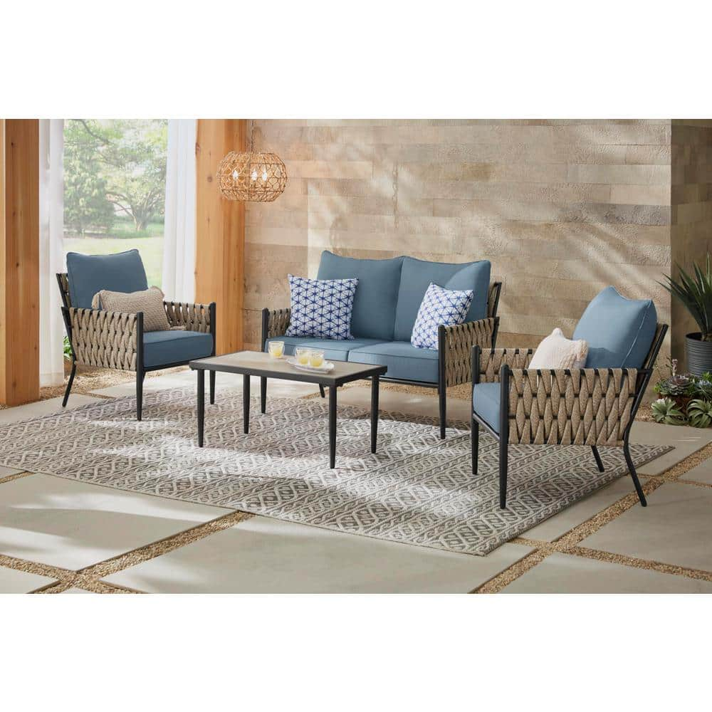 Hampton Bay Dockview 4-Piece Metal Outdoor Patio Conversation Set with Blue Cushions 505.0560.000