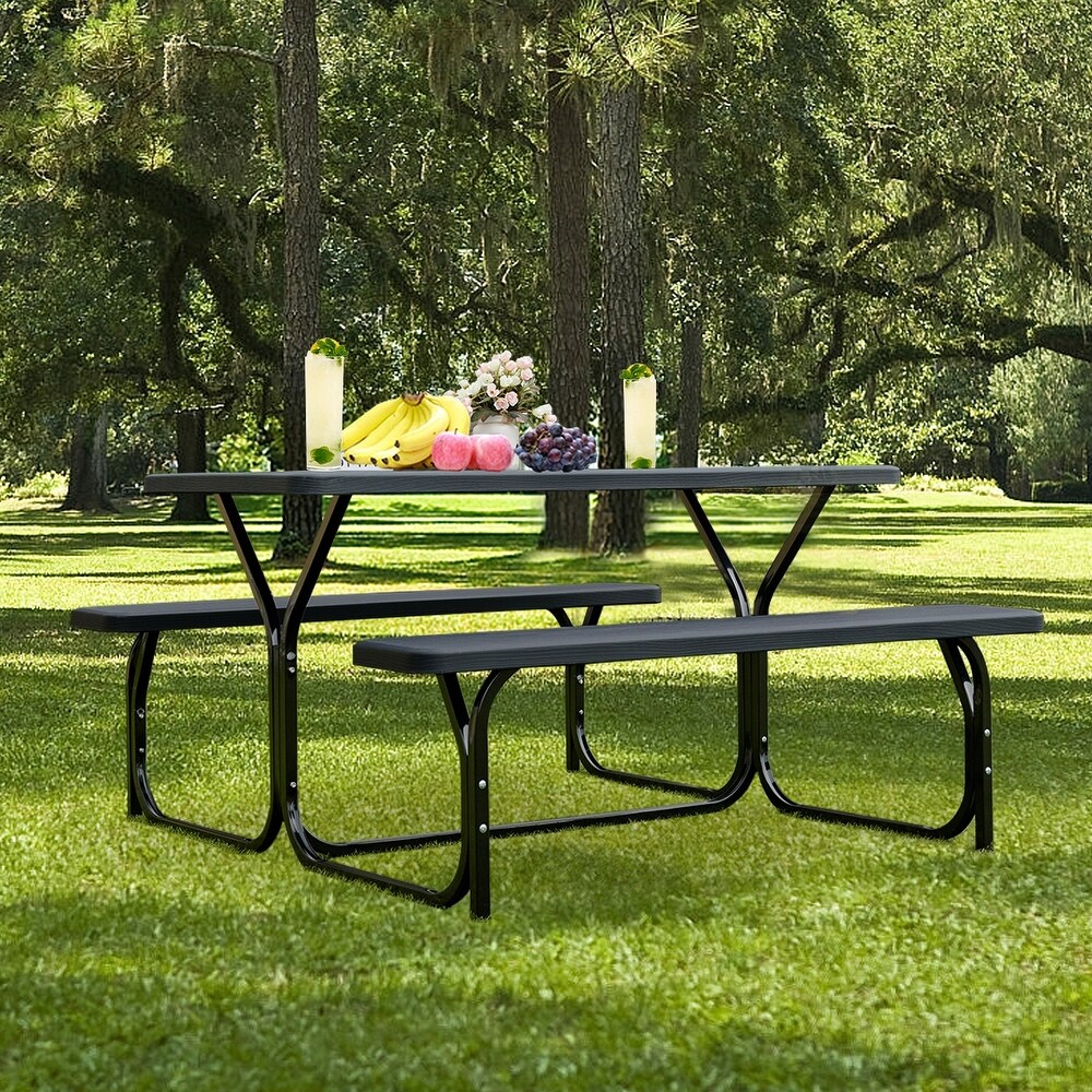 Outdoor Picnic Table Bench Set with Metal Base