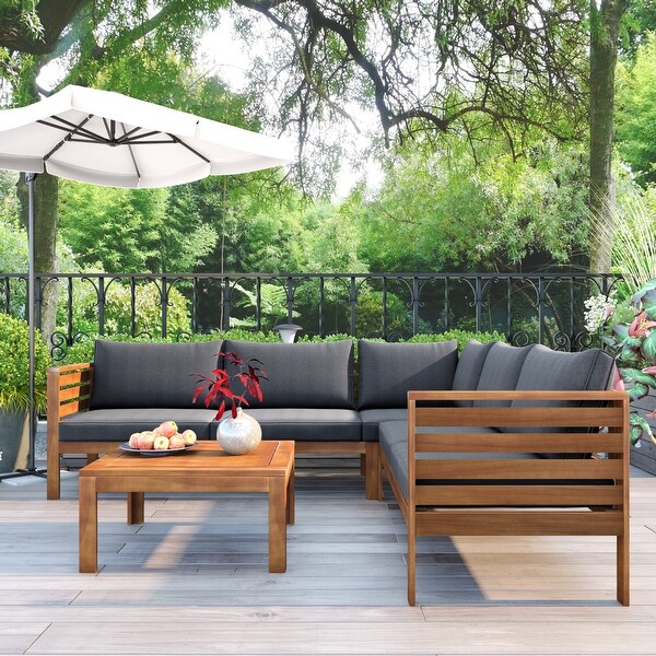 Acacia Wooden Outdoor Sectional Sofa Set，WaterResistant and Uv Protected Texture Sofa with Cushions and Table