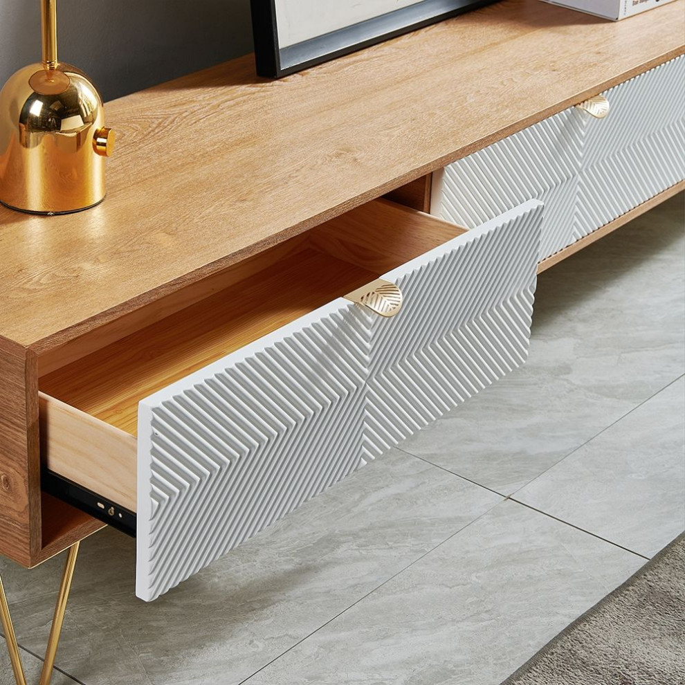 Modern Nordic Wooden TV Stand Fluted Design White  ampGold with 3 Drawer   Midcentury   Entertainment Centers And Tv Stands   by Homary International Limited  Houzz