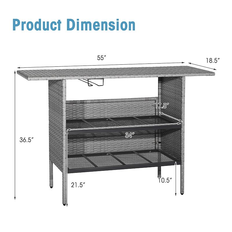 Outdoor Patio Wicker Bar Table with Metal Shelves