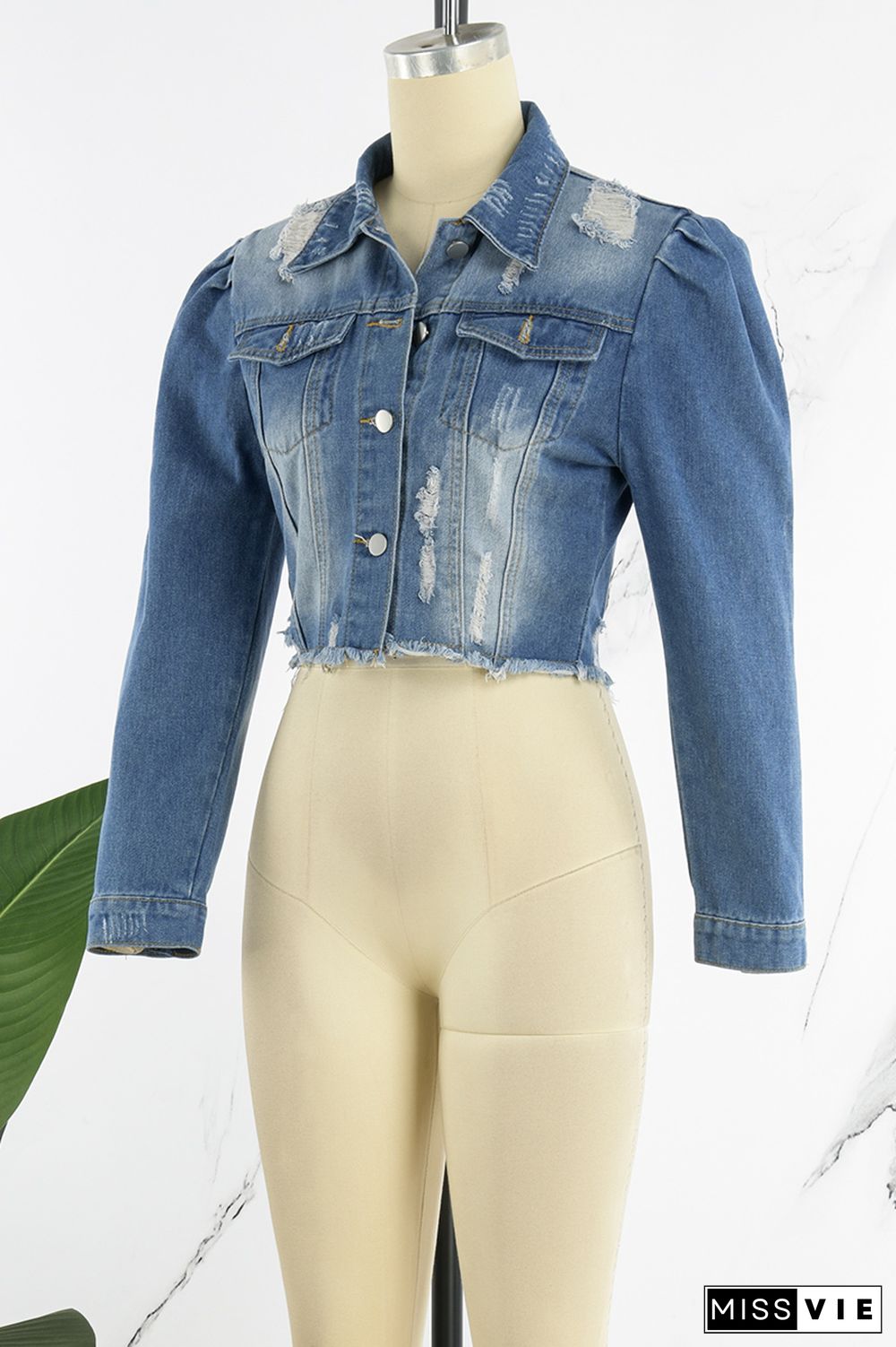 Blue Casual Solid Ripped Buckle Turndown Collar Long Sleeve Denim Jacket