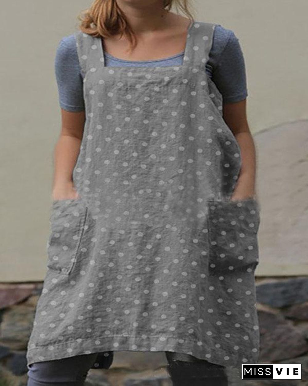 Dot Print Double Pockets Apron Linen Dress