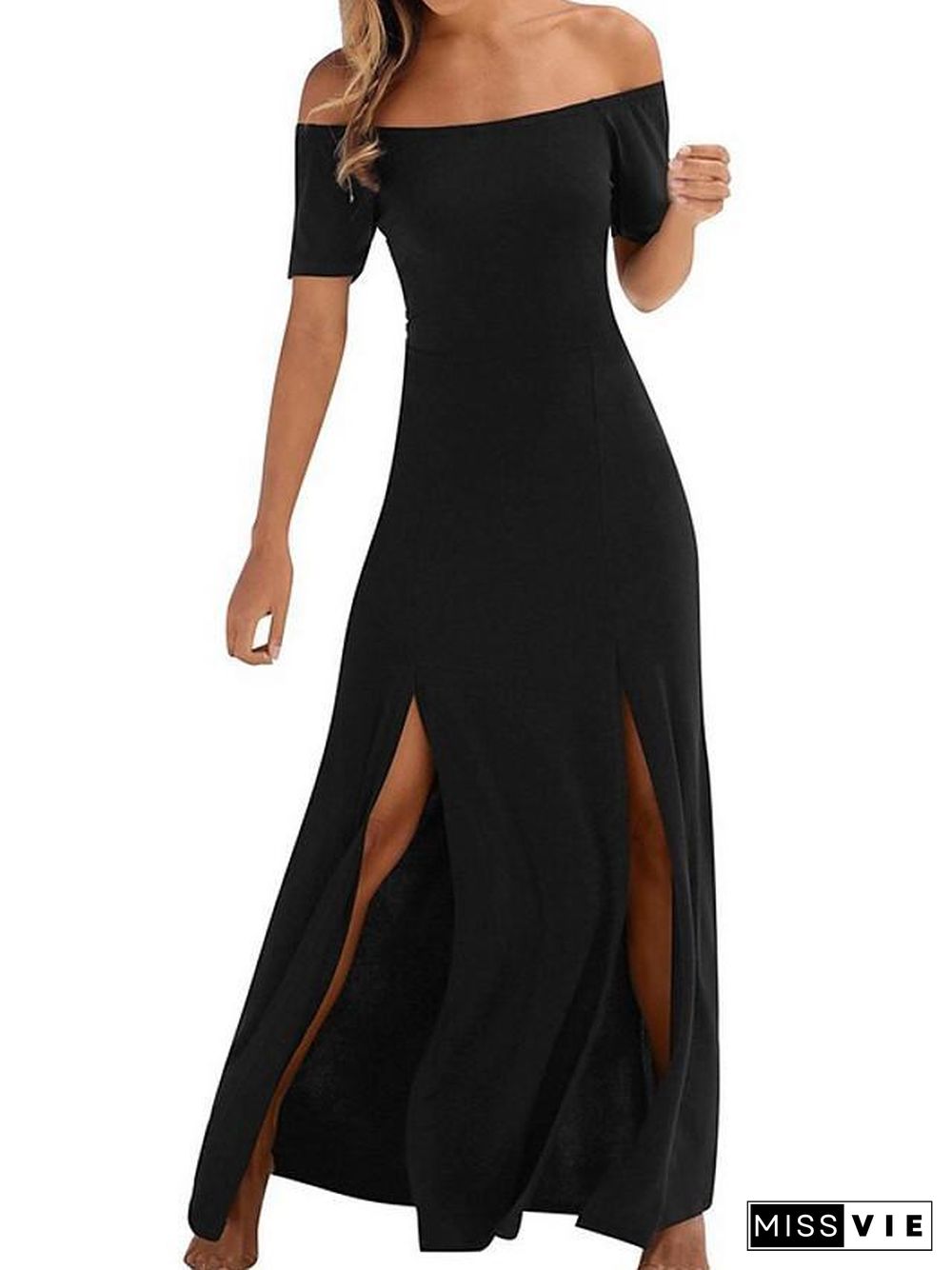 Women's A-Line Dress Maxi long Dress Short Sleeve Solid Color Summer Sexy  Black S M L XL Black Dresses