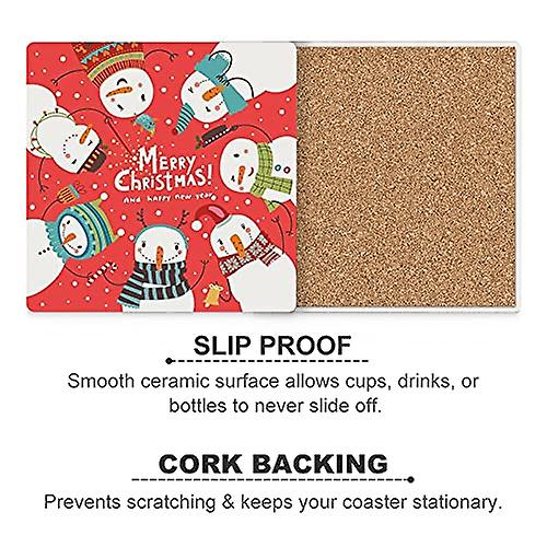 Colourlife Christmas Snowman On Red Printed Square Ceramic Coaster For Drinks With Cork Base For Coffee Cups Place Mats For Home Decor Set Of 4 Pieces