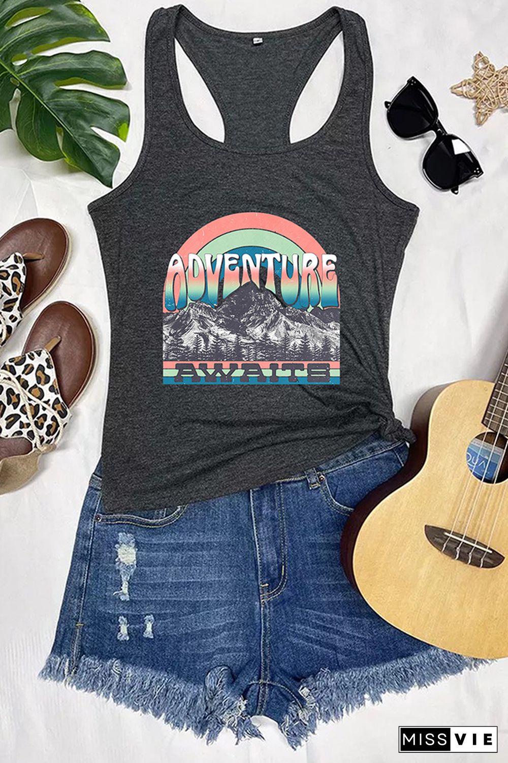 Adventure Awaits Mountains Blue Print Sleeveless Tank Top Wholesale