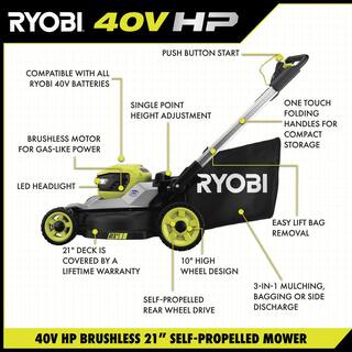 RYOBI 40V HP Brushless 21 in. Cordless Battery Walk Behind Self-Propelled Lawn Mower with (2) 6.0 Ah Batteries and Charger RY401140