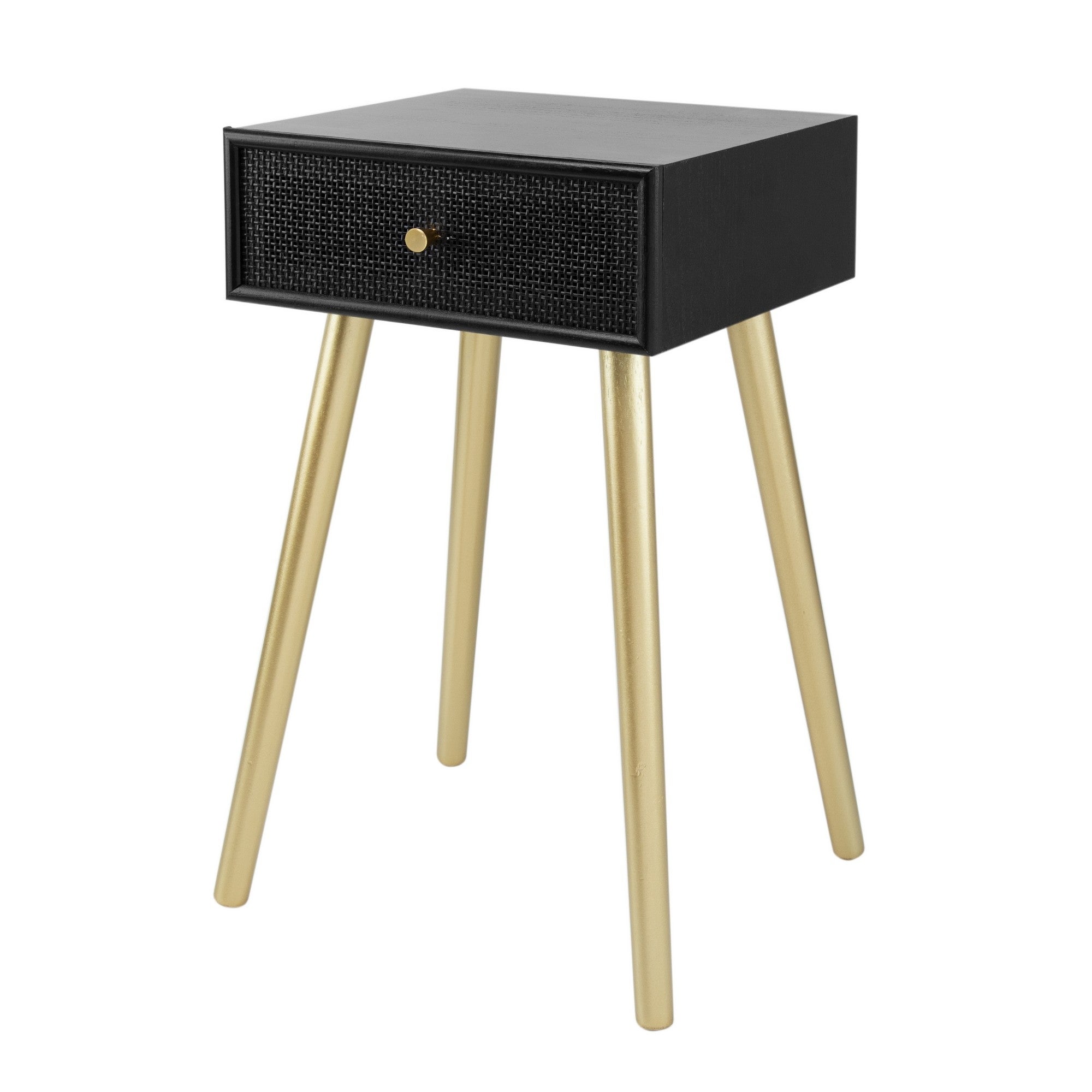 Gaia 28 Inch Pine Wood Side End Table， Gliding Rattan Drawer， Black， Gold