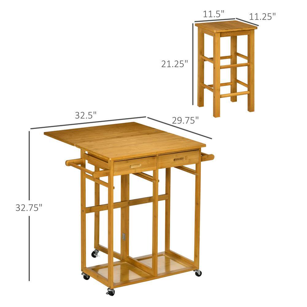 HOMCOM 3 Pieces Kitchen Island On Wheels with Drop Leaf Table Bar Table and Chairs Set Rolling Bamboo Breakfast Cart Brown 835-877V00BN