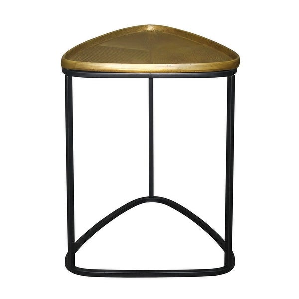 19 Inch Aluminum Side End Table， Iron Frame， Guitar Pick Shaped Top， Antique Brass， Black - 18.6 H x 14.7 W x 15.6 L I