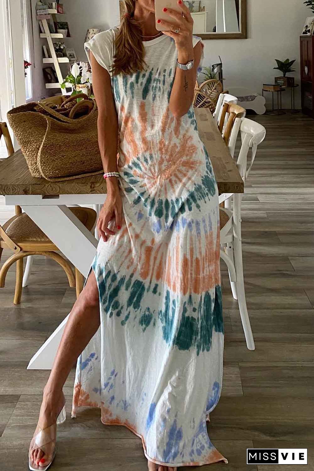 White Cap Sleeve Tie Dye Long Slit Dress