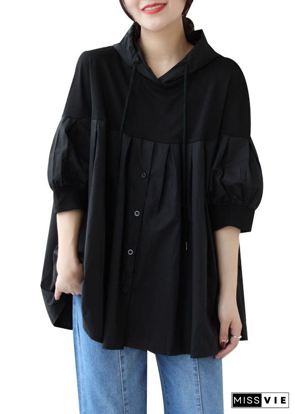 Casual Black Hooded Wrinkled Patchwork Cotton T Shirt Top Summer