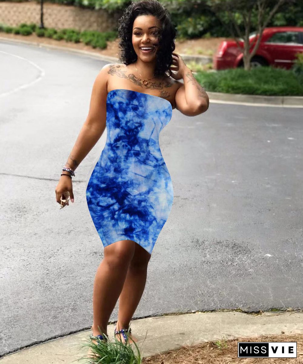 Tie Dye Print Bodycon Sexy Tube Midi Dress